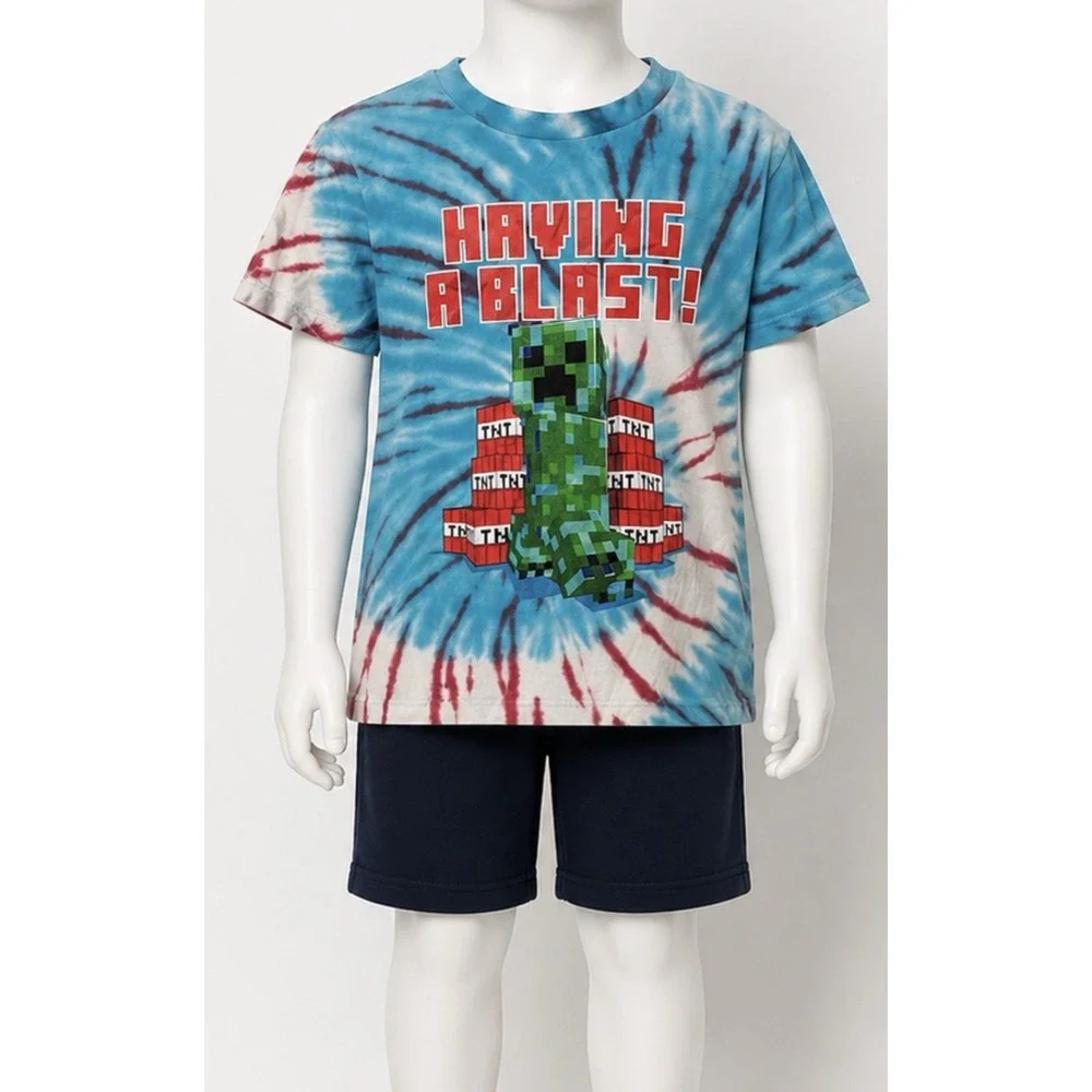 MINECRAFT Boys Medium 8 9 10 Short Sleeve T Shirt Blue White Red STONE Iconic